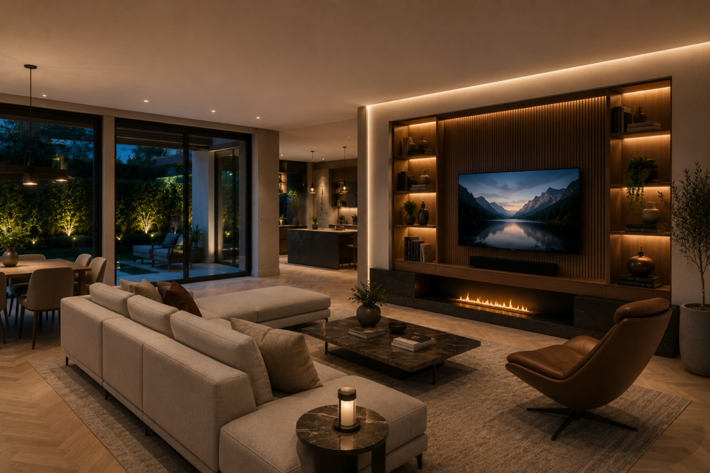 Modern smart home with integrated home automation, lighting and audiovisual systems