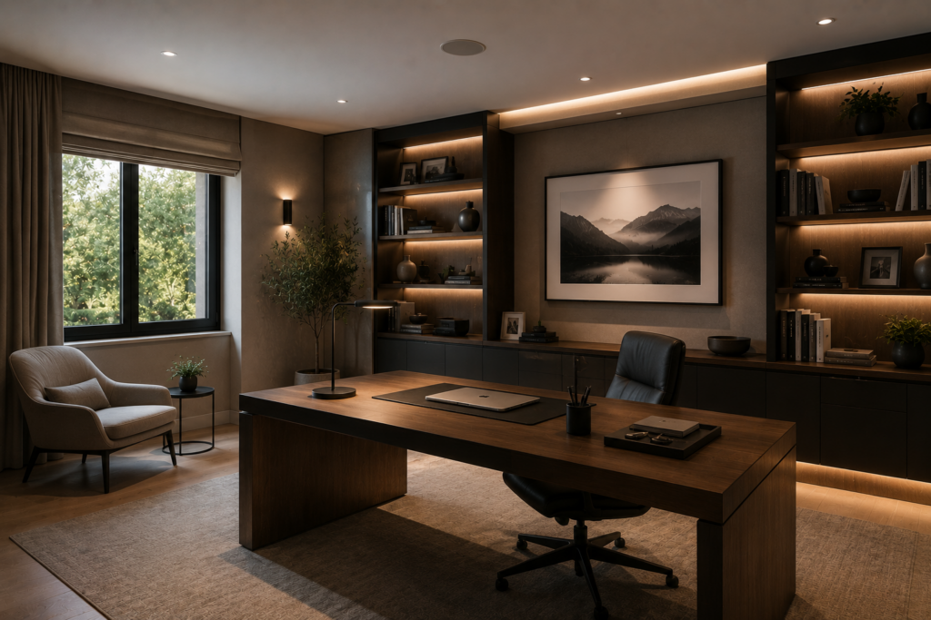 A connected home office with smart home technology discreetly integrated into the interior
