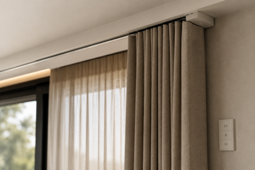 Motorised curtains integrated into a smart home system for automated light and privacy control