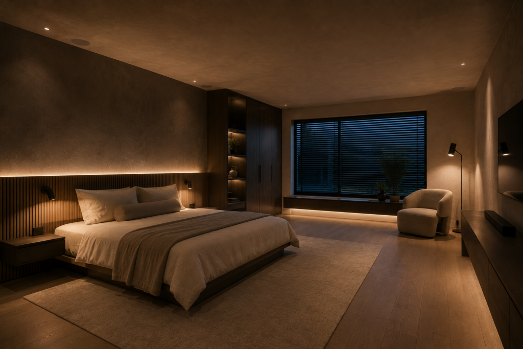 Home automation integrated into a modern bedroom