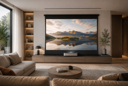 Custom home cinema integrated into a modern living room Custom home cinema integrated into a modern living room