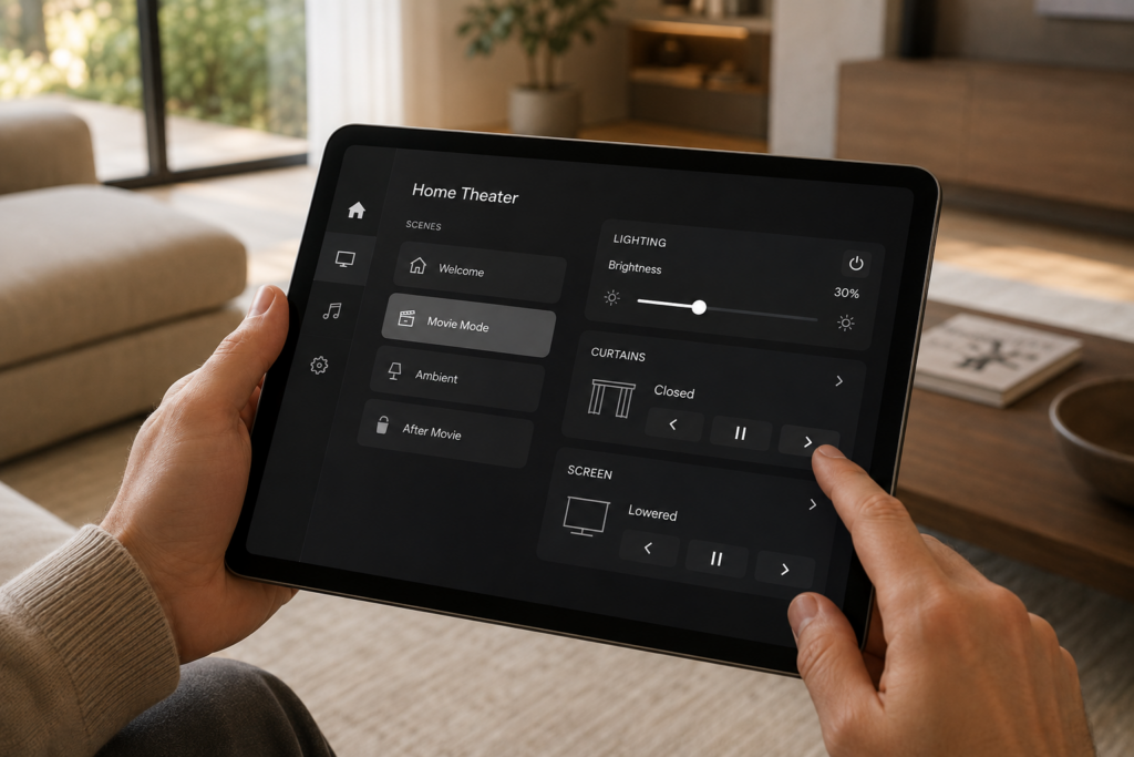 Tablet interface for controlling a custom home cinema system, including audio, video and lighting settings Tablet interface for controlling a custom home cinema system, including audio, video and lighting settings