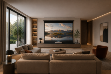 Custom home cinema with large projection screen and immersive sound system