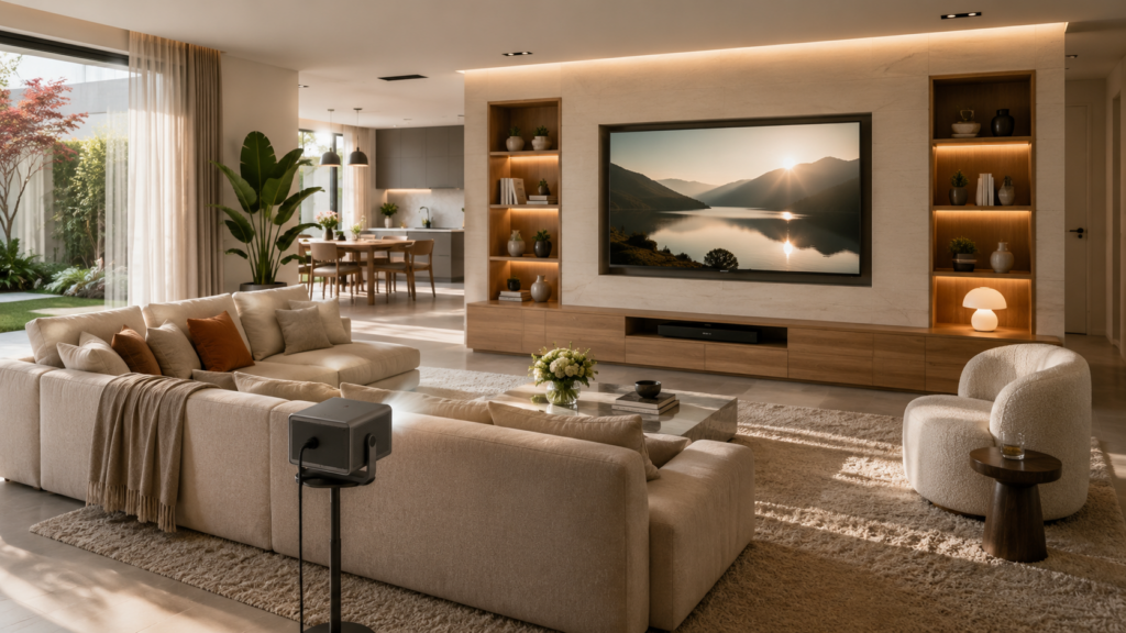 Home cinema installation with a portable projector and projection screen in a living room Home cinema installation with a portable projector and projection screen in a living room