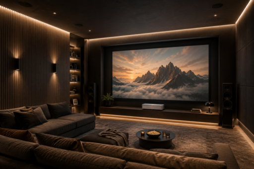 Dedicated cinema room with a large projection screen, projector and immersive surround sound system for a true home cinema experience Dedicated cinema room with a large projection screen, projector and immersive surround sound system for a true home cinema experience