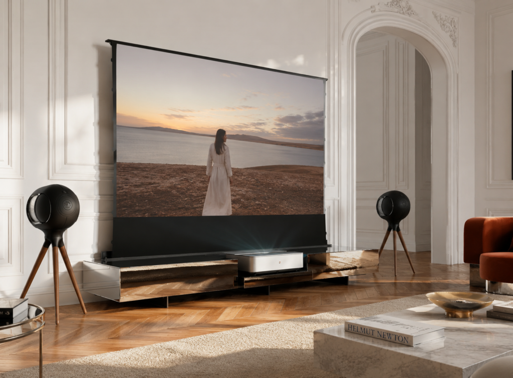 Custom home cinema integrated into a living room with a projection screen and high-end audio speakers Custom home cinema integrated into a living room with a projection screen and high-end audio speakers
