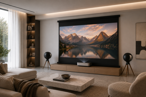 Custom home cinema with UST projector, projection screen and integrated speakers Custom home cinema with UST projector, projection screen and integrated speakers