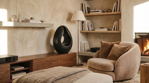 High-end audio speaker integrated into a modern living room interior High-end audio speaker integrated into a modern living room interior