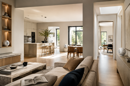 Multiroom audio system with wireless speakers integrated throughout a modern home Multiroom audio system with wireless speakers integrated throughout a modern home