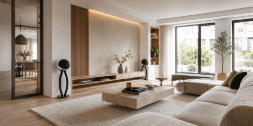 Custom high-end audio installation with Hi-Fi speakers in a modern living room Custom high-end audio installation with Hi-Fi speakers in a modern living room