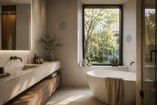Integrated in-wall speakers providing high-quality audio in a modern bathroom interior Integrated in-wall speakers providing high-quality audio in a modern bathroom interior