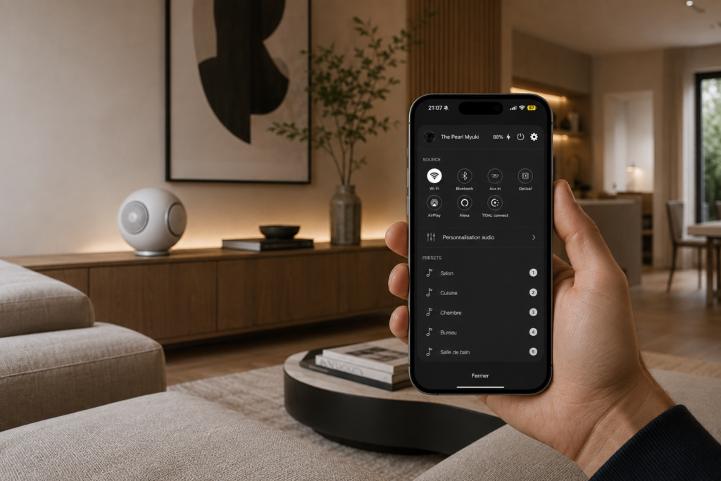 Smart home audio system controlled by smartphone in a living room Smart home audio system controlled by smartphone in a living room
