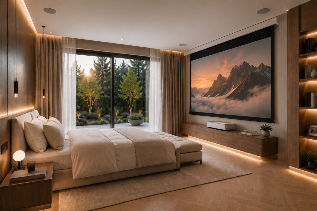 Modern bedroom with a discreet audiovisual installation integrated into the interior design Modern bedroom with a discreet audiovisual installation integrated into the interior design