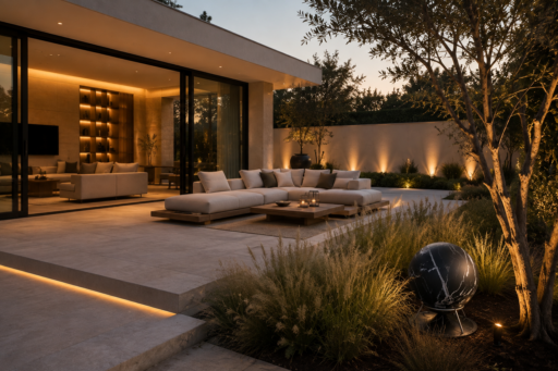 Outdoor audiovisual system integrated into a modern garden, with discreet speakers designed to blend into the landscape and architecture Outdoor audiovisual system integrated into a modern garden, with discreet speakers designed to blend into the landscape and architecture